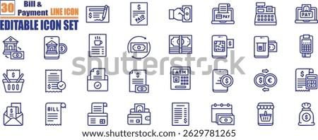 Bill Payment icon set. Payment options. Outline payment method symbols. Money transfer. Banking, credit card, cash and transaction symbol. Vector illustration