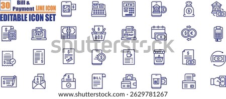 Bill Payment icon set. Payment options. Outline payment method symbols. Money transfer. Banking, credit card, cash and transaction symbol. Vector illustration