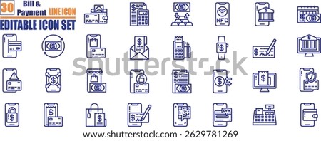 Bill Payment icon set. Payment options. Outline payment method symbols. Money transfer. Banking, credit card, cash and transaction symbol. Vector illustration