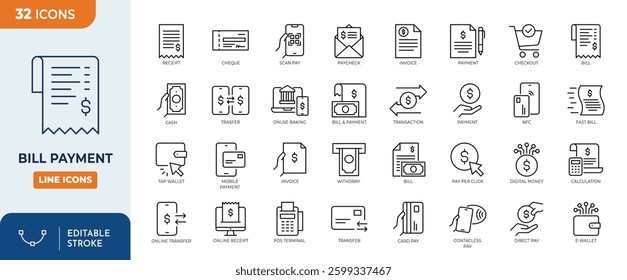 Bill Payment line editable icon set. Containing finance related icons: bill, receipt, invoice, document, atm, cash, and other. Vector illustration