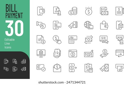 
Bill Payment Line Editable Icons set. Vector illustration in modern thin line style of finance related icons: document, atm, cash, and other. Pictograms and infographics for mobile apps.
