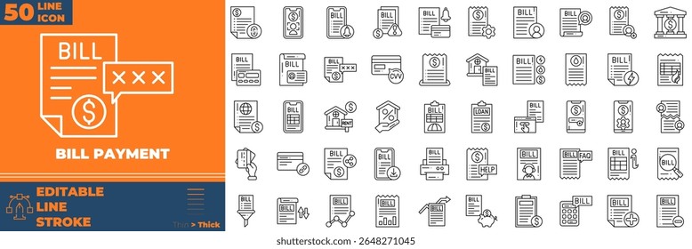 Conjunto de iconos editables de línea de pago de factura. Ilustración vectorial en estilo de línea delgada moderna de iconos de pago de facturas: efectivo, tarjetas de crédito, bolsas de dinero, etc