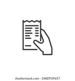 Symbol für Rechnungspositionszeile. Lineares Stilzeichen für mobiles Konzept und Webdesign. Hand, die ein Symbol für die Vektorgrafik der Banknotenumrisse hält. Symbol, Logo-Darstellung. Vektorgrafik-Grafiken