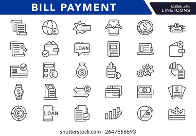 Bill Payment line icon set. Pay, money, finance, payment, investment, financial, card, phone, cash, wallet, banking, transaction line icon set. Ui thin line icon pack.