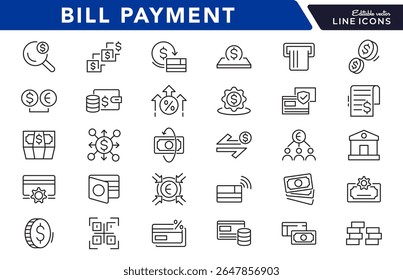 Bill Payment line icon set. Pay, money, finance, payment, investment, financial, card, phone, cash, wallet, banking, transaction line icon set. Ui thin line icon pack.