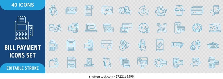 Conjunto de iconos de línea de pago de factura. Finanzas, Facturación, Comprobante, Factura, Documento, Cajero automático, Efectivo, Pago en línea e Iconos Contables. Trazo de contorno editable. Ilustración vectorial
