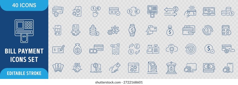 Conjunto de iconos de línea de pago de factura. Finanzas, Facturación, Comprobante, Factura, Documento, Cajero automático, Efectivo, Pago en línea e Iconos Contables. Trazo de contorno editable. Ilustración vectorial