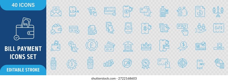 Conjunto de iconos de línea de pago de factura. Finanzas, Facturación, Comprobante, Factura, Documento, Cajero automático, Efectivo, Pago en línea e Iconos Contables. Trazo de contorno editable. Ilustración vectorial