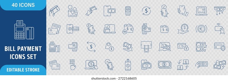 Conjunto de iconos de línea de pago de factura. Finanzas, Facturación, Comprobante, Factura, Documento, Cajero automático, Efectivo, Pago en línea e Iconos Contables. Trazo de contorno editable. Ilustración vectorial
