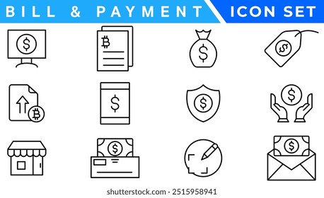 Bill And Payment line web icons. Money and Coins. Cash, Credit Cards, Money Bag, Containing banking, Investment, income, accounting, money, Finance. Editable stroke.