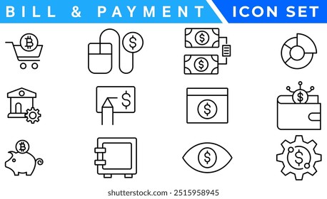 Bill And Payment line web icons. Money and Coins. Cash, Credit Cards, Money Bag, Containing banking, Investment, income, accounting, money, Finance. Editable stroke.