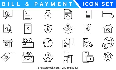 Bill And Payment line web icons. Money and Coins. Cash, Credit Cards, Money Bag, Containing banking, Investment, income, accounting, money, Finance. Editable stroke.