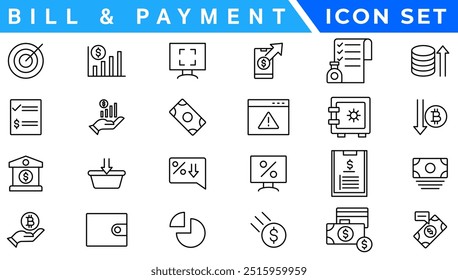 Bill And Payment line web icons. Money and Coins. Cash, Credit Cards, Money Bag, Containing banking, Investment, income, accounting, money, Finance. Editable stroke.