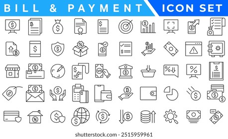 Web-Symbole für Rechnung und Zahlungszeile. Geld und Münzen. Cash, Kreditkarten, Geldbeutel, Enthaltene Banken, Investitionen, Einkommen, Buchhaltung, Geld, Finanzen. Bearbeitbarer Strich.