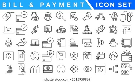 Ícones da Web de Linha de Faturamento e Pagamento. Dinheiro e Moedas. Dinheiro, Cartões de Crédito, Saco de Dinheiro, Contendo bancário, Investimento, Renda, Contabilidade, Dinheiro, Finanças. Traçado editável.