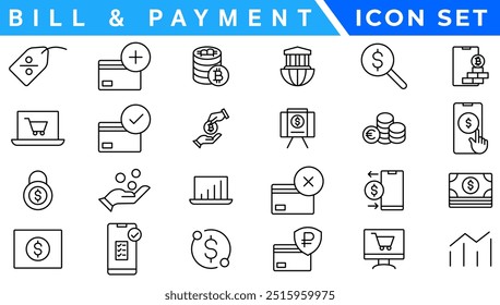 Bill And Payment line web icons. Money and Coins. Cash, Credit Cards, Money Bag, Containing banking, Investment, income, accounting, money, Finance. Editable stroke.
