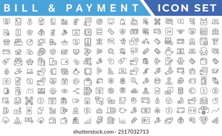 Bill And Payment line web icons. Money and Coins. Cash, Credit Cards, Money Bag, Containing banking, Investment, income, accounting, money, Finance. Editable stroke.