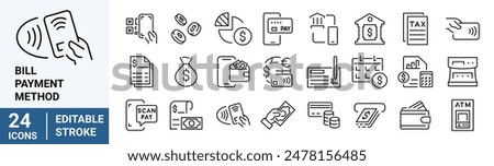 Bill And Payment line web icons. Money and Coins. Cash, Credit Cards, Money Bag, Containing banking, Investment, income, accounting, money, Finance. Editable stroke.