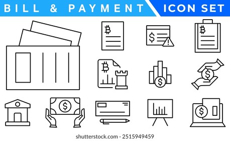 ícone Faturamento e Método de Pagamento. Pagamento de Fatura, Carteira de Dinheiro, Pagamento Rápido, Deslizamento de Cartão, Faturas Fáceis, Pagamento Direito, Caixa Digital, Pagamento Seguro, Atenuação de Fatura, Carteira de Moedas