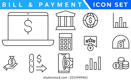 ícone Faturamento e Método de Pagamento. Pagamento de Fatura, Carteira de Dinheiro, Pagamento Rápido, Deslizamento de Cartão, Faturas Fáceis, Pagamento Direito, Caixa Digital, Pagamento Seguro, Atenuação de Fatura, Carteira de Moedas