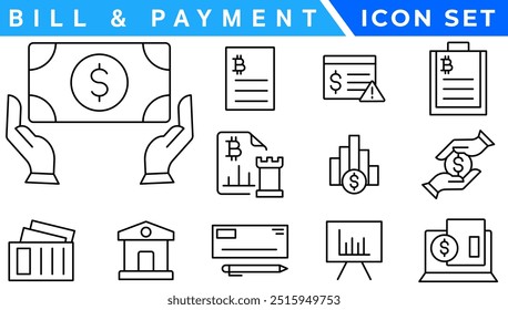 ícone Faturamento e Método de Pagamento. Pagamento de Fatura, Carteira de Dinheiro, Pagamento Rápido, Deslizamento de Cartão, Faturas Fáceis, Pagamento Direito, Caixa Digital, Pagamento Seguro, Atenuação de Fatura, Carteira de Moedas