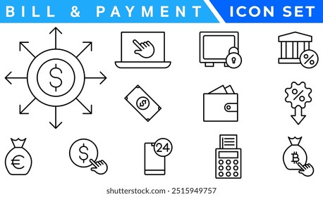 ícone Faturamento e Método de Pagamento. Pagamento de Fatura, Carteira de Dinheiro, Pagamento Rápido, Deslizamento de Cartão, Faturas Fáceis, Pagamento Direito, Caixa Digital, Pagamento Seguro, Atenuação de Fatura, Carteira de Moedas