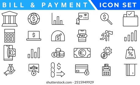 ícone Faturamento e Método de Pagamento. Pagamento de Fatura, Carteira de Dinheiro, Pagamento Rápido, Deslizamento de Cartão, Faturas Fáceis, Pagamento Direito, Caixa Digital, Pagamento Seguro, Atenuação de Fatura, Carteira de Moedas