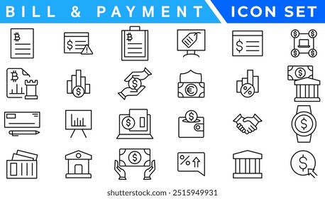 ícone Faturamento e Método de Pagamento. Pagamento de Fatura, Carteira de Dinheiro, Pagamento Rápido, Deslizamento de Cartão, Faturas Fáceis, Pagamento Direito, Caixa Digital, Pagamento Seguro, Atenuação de Fatura, Carteira de Moedas