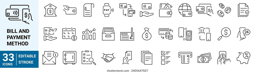 Iconos web de línea de línea de líneas de pago y de facturación. Pago sin costo. Tarjeta de crédito, tarjeta de débito, aplicación móvil, como NFC. dinero, bitcoin, trazo editable.