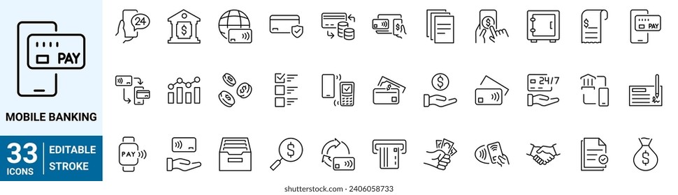 Bill and payment method line web icons. Cashless payment. Credit card, debit card, mobile app, such as NFC. money, bitcoin, Editable stroke.