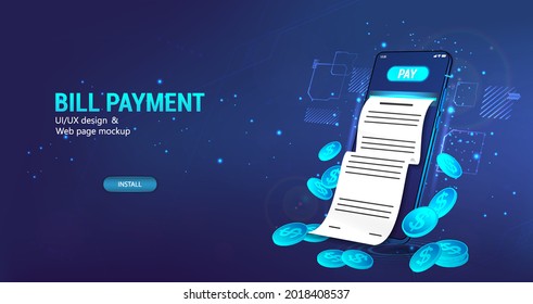 Bill Payment modern banner. Smartphone with bill of expenses. Online shopping via mobile phone. Web banner Online shopping spending, banking payment. Modern Vector illustration 