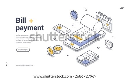 Bill payment online banking mobile app isometric web banner design template line vector illustration. Financial bank cashless e money paying invoice receipt card shopping internet digital technology