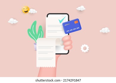 Bill payment online concept. Hand-holding mobile smartphone with paying bills. 3D Vector Illustration.