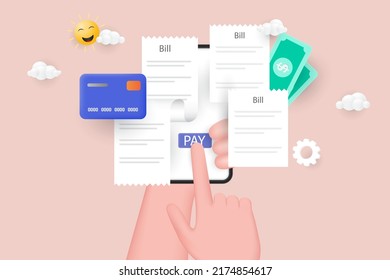 Bill payment online concept. Hand-holding mobile smartphone with paying bills. 3D Vector Illustration.