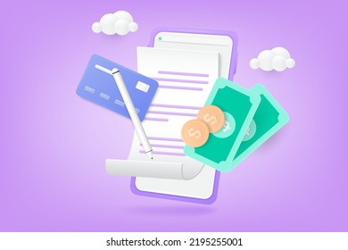 Bill payment online concept. Mobile smartphone with paying bill, banknotes, coins, credit card, and pencil. 3D Vector Illustration.