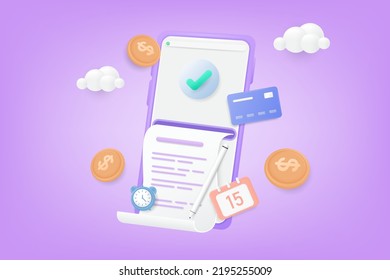 Bill payment online concept. Mobile smartphone with paying bill, banknotes, coins, credit card, and pencil. 3D Vector Illustration.