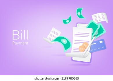 Bill Payment Online Concept. Mobile Smartphone With Paying Bill, Coins, Credit Card. 3D Vector Illustration.