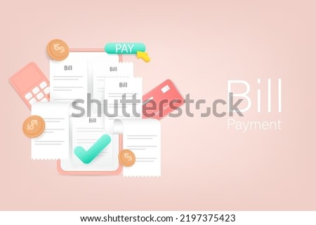 Bill payment online concept. Mobile smartphone with paying bill, coins, credit card. 3D Vector Illustration.