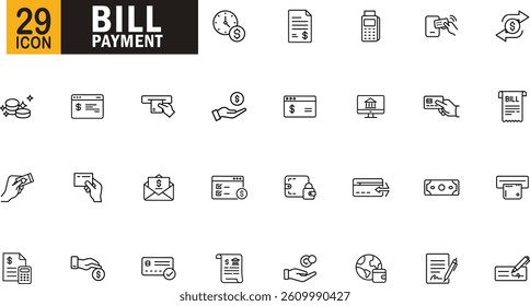 Bill payment outline icon set. Finance, transaction, credit, invoice, and online banking symbols.