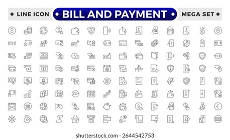 Bill and Payment Outline icon set. Containing finance related icons. bill, receipt, invoice, document, atm, cash, cryptocurrency, blockchain, banking, payments.
