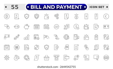 Symbolsatz "Rechnung und Zahlungsgliederung". Enthaltend finanzbezogene Symbole. Rechnung, Quittung, Rechnung, Dokument, Geldautomat, Bargeld, Kryptowährung, Blockchain, Banking, Zahlungen.

