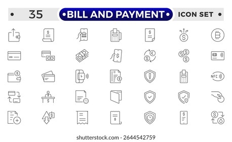 Conjunto de iconos de esquema de facturación y pago. Contiene íconos relacionados con las finanzas. factura, Comprobante, Factura, documento, cajero automático, efectivo, criptomoneda, blockchain, banca, pagos.
