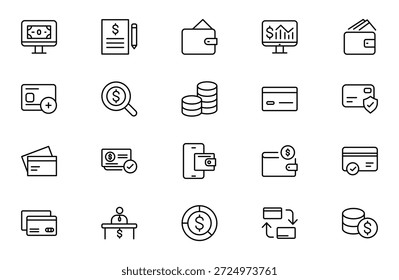 Symbolsatz "Rechnung und Zahlungsgliederung". Enthaltend finanzbezogene Symbole. Rechnung, Quittung, Rechnung, Beleg, Geldautomat, Bargeld, Kryptowährung, Blockchain. Paket mit dünnen Gliederungssymbolen. Vektorgrafik