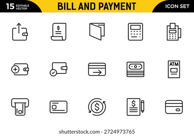 Conjunto de iconos de esquema de facturación y pago. Contiene íconos relacionados con las finanzas. factura, Comprobante, Factura, documento, cajero automático, efectivo, criptomoneda, blockchain. Paquete de iconos de contorno delgado. Ilustración vectorial
