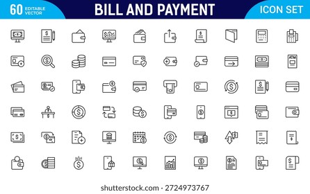 Conjunto de ícones da Estrutura de Tópicos de Faturamento e Pagamento. Contendo ícones relacionados a finanças. fatura, recebimento, fatura, documento, atm, dinheiro, criptomoeda, blockchain. Pacote fino de ícones de estrutura de tópicos. Ilustração vetorial