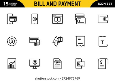 Symbolsatz "Rechnung und Zahlungsgliederung". Enthaltend finanzbezogene Symbole. Rechnung, Quittung, Rechnung, Beleg, Geldautomat, Bargeld, Kryptowährung, Blockchain. Paket mit dünnen Gliederungssymbolen. Vektorgrafik