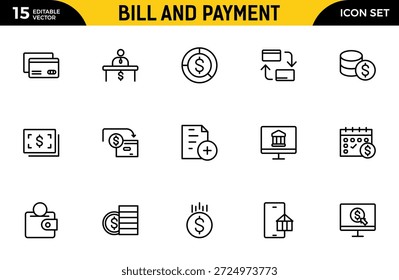 Conjunto de iconos de esquema de facturación y pago. Contiene íconos relacionados con las finanzas. factura, Comprobante, Factura, documento, cajero automático, efectivo, criptomoneda, blockchain. Paquete de iconos de contorno delgado. Ilustración vectorial
