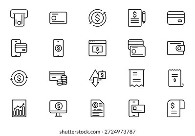 Conjunto de iconos de esquema de facturación y pago. Contiene íconos relacionados con las finanzas. factura, Comprobante, Factura, documento, cajero automático, efectivo, criptomoneda, blockchain. Paquete de iconos de contorno delgado. Ilustración vectorial