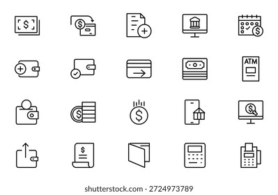 Conjunto de ícones da Estrutura de Tópicos de Faturamento e Pagamento. Contendo ícones relacionados a finanças. fatura, recebimento, fatura, documento, atm, dinheiro, criptomoeda, blockchain. Pacote fino de ícones de estrutura de tópicos. Ilustração vetorial