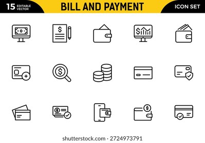 Conjunto de iconos de esquema de facturación y pago. Contiene íconos relacionados con las finanzas. factura, Comprobante, Factura, documento, cajero automático, efectivo, criptomoneda, blockchain. Paquete de iconos de contorno delgado. Ilustración vectorial